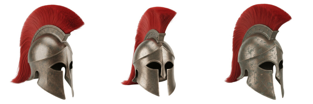 Isolated Ancient Greek Spartan Gladiator Helmet Metallic Armor Headwear Crest Ornament on Plain White Background as High Quality Cutout PNG Set Asset File