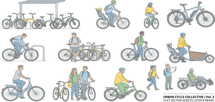 Collection of diverse urban cycling illustrations featuring people, various bicycle types, and accessories, highlighting eco-friendly transportation