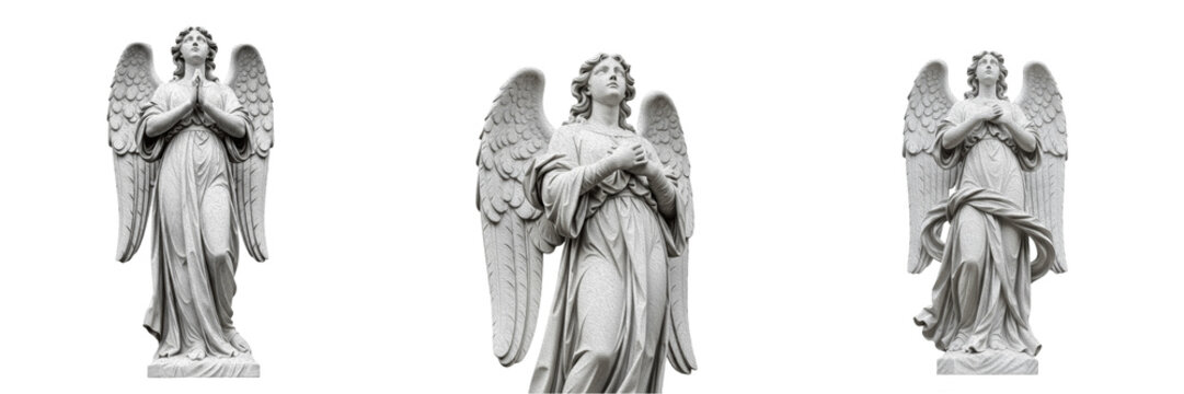 Isolated Classical Marble Statue of Winged Angel Spiritual Religious Sculpture Figure on Plain White Background as High Quality Cutout PNG Set Asset File