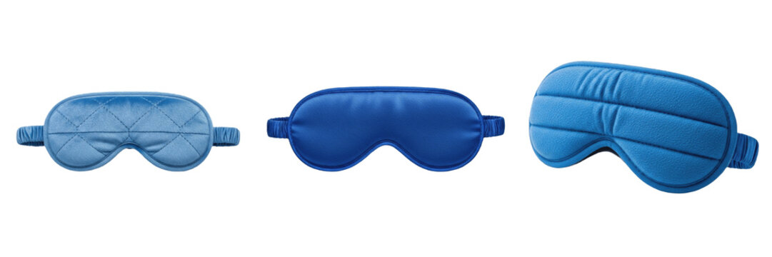 Isolated Blue Silk Sleep Mask Soft Blindfold Night Eyemask Travel Relaxation Accessory on Plain White Background as High Quality Cutout PNG Set Asset File