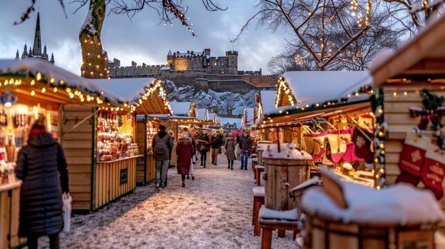 Magical winter market scene at dusk with festive stalls, charming lights, and historic castle backdrop