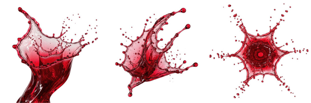 Isolated Liquid Red Wine Splash Dynamic Fluid Motion Splatter Pouring Effect on Plain White Background as High Quality Cutout PNG Set Asset File