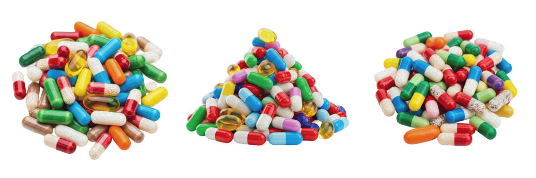 Isolated Heap of Colorful Medical Pills Capsules Tablets Pharmaceutical Drugs Pile on Plain White Background as High Quality Cutout PNG Set Asset File