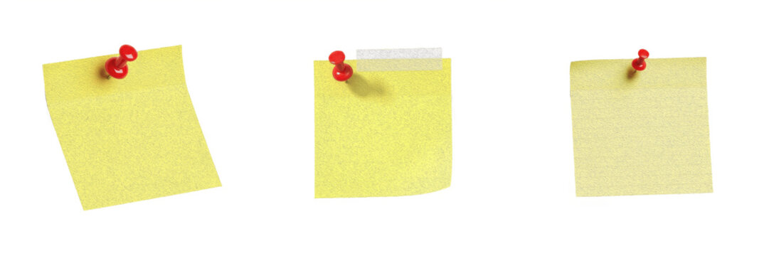 Isolated Yellow Sticky Note Paper with Red Push Pin Office Notice Template on Plain White Background as High Quality Cutout PNG Set Asset File