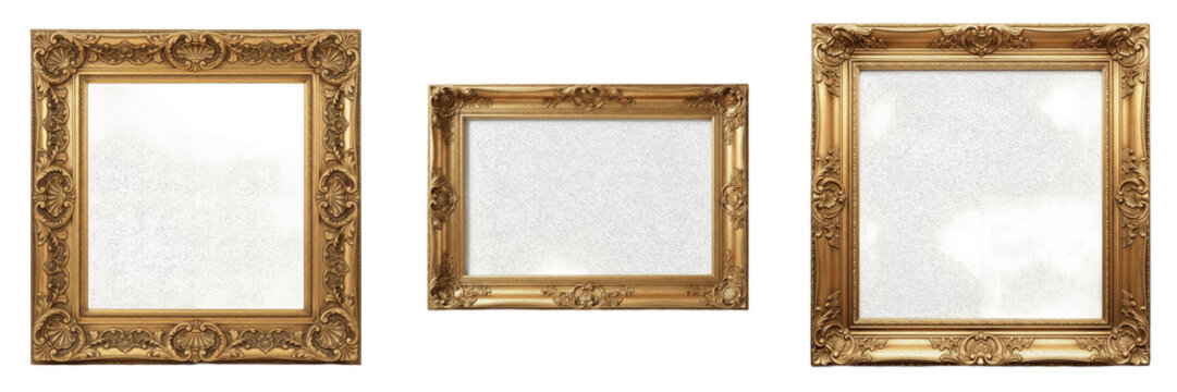 Isolated Empty Vintage Golden Picture Frame Antique Carved Wooden Border Moulding on Plain White Background as High Quality Cutout PNG Set Asset File