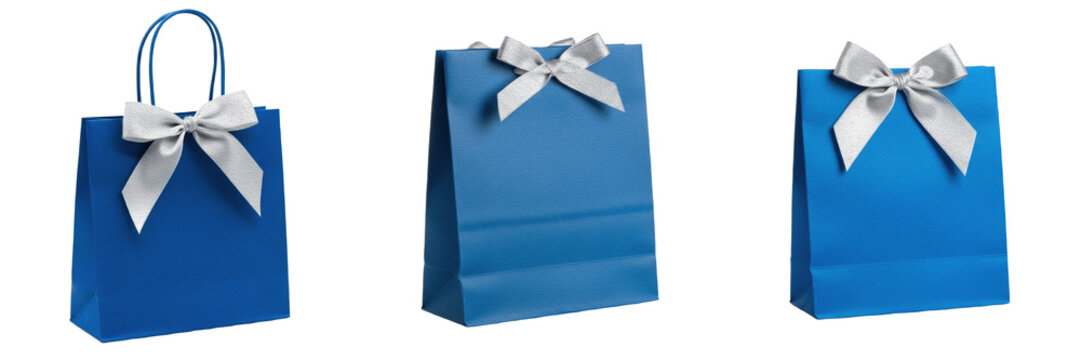 Isolated Blue Paper Shopping Bag Gift Packaging Carrier with Elegant White Ribbon Bow on Plain White Background as High Quality Cutout PNG Set Asset File