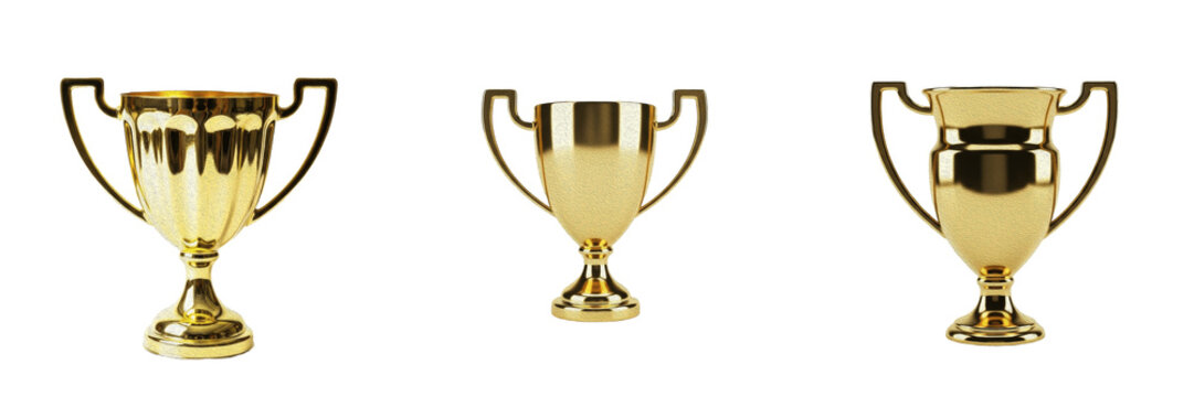 Isolated Shiny Gold Trophy Cup Champion Award Achievement Victory Celebration Object on Plain White Background as High Quality Cutout PNG Set Asset File