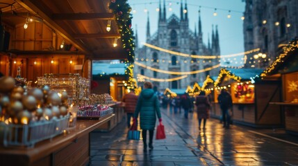 Obraz premium Magical twilight at a bustling Christmas market near the grand cathedral in Milan, filled with lights and holiday spirit