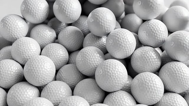 A collection of numerous white dimpled golf balls neatly piled together to form a highly detailed and textured sports background that is perfect for professional golf marketing themes.