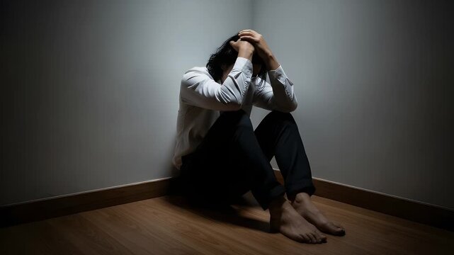 Depressed businessman sits on the wooden floor in a dark corner of a room holding his head with both hands while feeling extremely stressed and hopeless during work