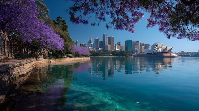 Sydney Harbor skyline with purple jacaranda trees