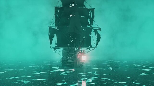 Ghost Pirate Ship In Cyan Fog - Front View - Cursed Haunted Ocean Loop Background Animation