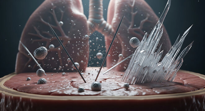 Detailed conceptual 3D medical illustration showing microscopic sharp asbestos fibers and chrysotile crystals penetrating human lung tissue depicting the dangerous