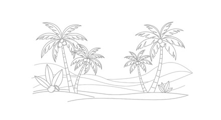 Fototapeta premium Simple line art illustration of tropical palm trees on a beach landscape