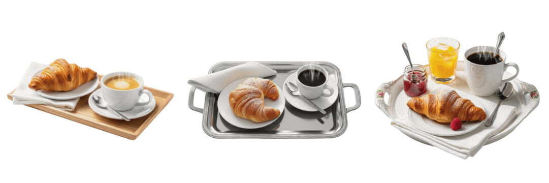 3D Render of Breakfast Tray with Croissant and Coffee Isolated on White Background Premium High Quality PNG Stock Asset Object Graphic Component for Hotel Cafe