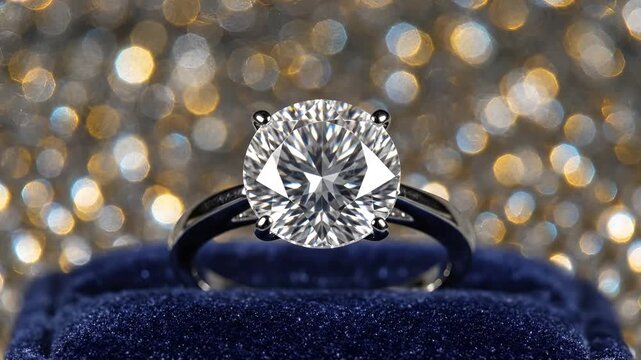 Sparkling Diamond Engagement Ring on Velvet Cushion with Bokeh Lights.