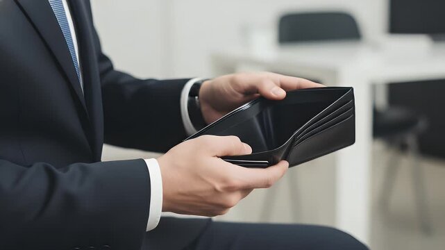 Businessman wearing a sharp formal suit holds an empty black leather wallet while sitting inside a bright professional office environment looking for his missing money or credit cards