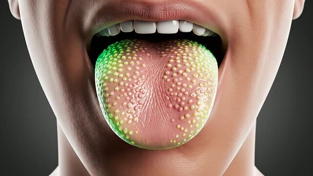 Close-Up View of Vibrantly Textured Human Tongue Against Dark Background Showcasing Anatomical Features for Health and Medical Contexts
