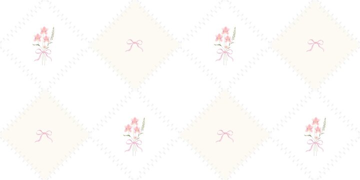 Shabby chic watercolor floral and pink bow seamless pattern on cream diamond quilted background. Elegant feminine vintage wallpaper.