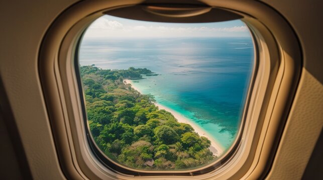 Scenic view of a tropical paradise captured from an airplane window on a bright sunny day above the ocean