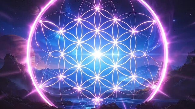 A glowing geometric pattern shines above a serene alien landscape at night