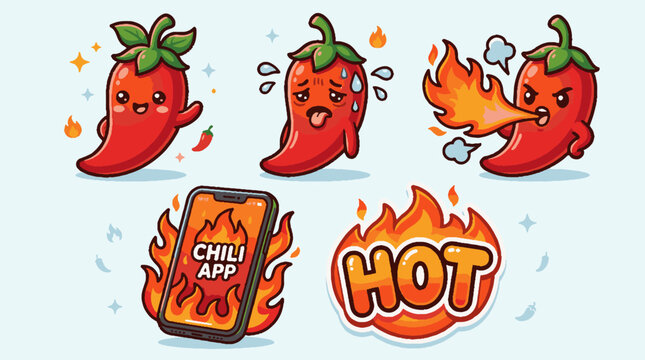 Cartoon chili pepper emojis on fire.