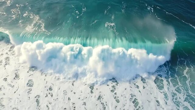 A powerful ocean wave crashes onto a sandy shore with white foam