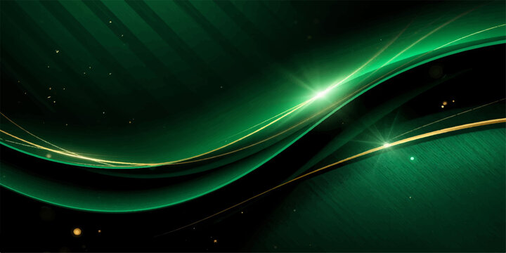 Elegant abstract green background with shiny golden stripes and wavy silk-like patterns, perfect for luxury awards, invitations, and banners.