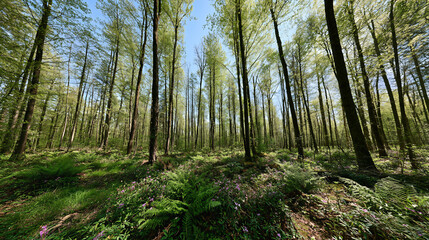 Obraz premium Enchanting Spring Forest: Sunlit Green Canopy, Textured Understory, and Blue Sky Glimpses