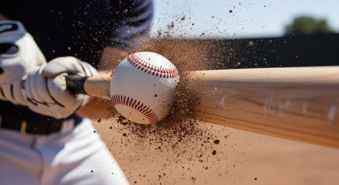 Dynamic action shot capturing a white baseball being powerfully struck by a wooden bat, sending a dramatic spray of dirt and dust particles exploding into the air during an intense game.