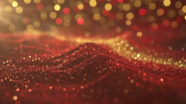 Sparkling red and gold glitter creates a festive and luxurious background effect