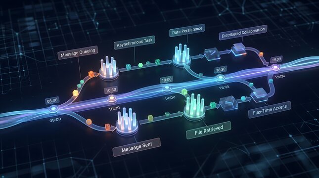 Asynchronous Communication Corporate Time-Flexible Collaboration Digital Workflow 3D timeline showing data packet