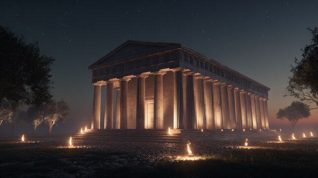 Space universe exploration, fantasy. A nighttime scene features a grand, neoclassical temple with multiple columns and a pediment. The temple is illuminated by soft, golden light.