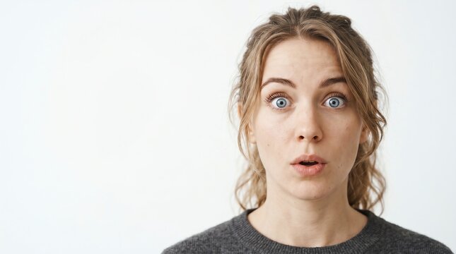 extreme close up portrait of surprised young woman with open mouth and wide eyes over white background