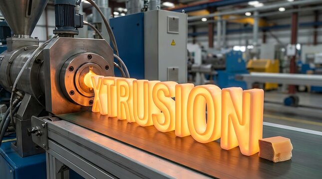 Molten plastic extrusion emerging from industrial machine.
