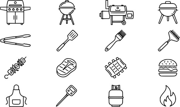 Black  White Line Art BBQ and Grilling Vector Icons Set. Outline Food, Tools, and Equipment for Outdoor Cooking Theme.