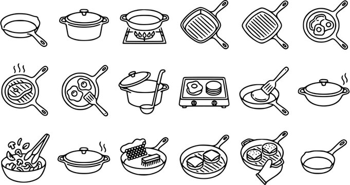 Food and Kitchen Cookware Line Art Icons Set with Pots, Pans, and Griddles - Black and White Outline Vector Collection of Cooking Utensils