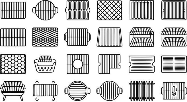 Black and White Line Art Icons of Various Grilling Racks and Grates for BBQ and Outdoor Cooking