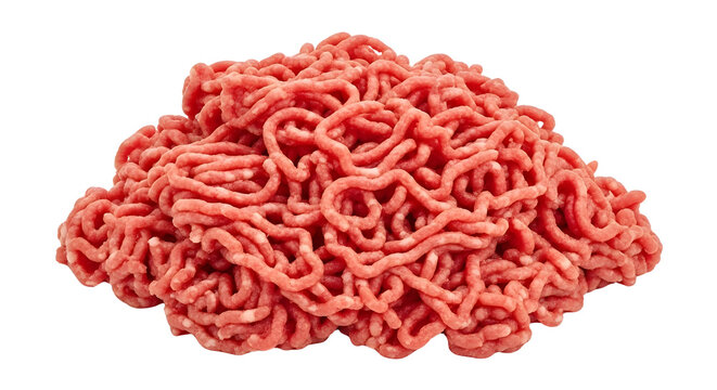 Fresh raw ground beef pile isolated on white background, high quality minced meat for cooking, organic red protein ingredient for burgers