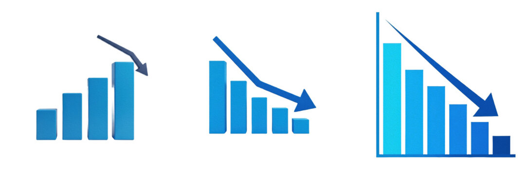 Blue Bar Chart Graph with Downward Trend Arrow Business Deficit Loss Decline Economic Crisis Decreasing Sales Failure Concept Isolated on White Background