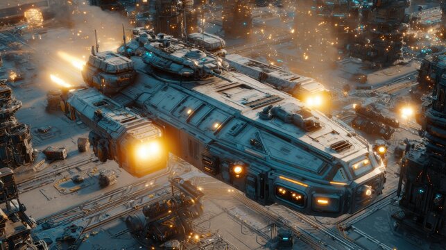 Space universe exploration, fantasy. A detailed digital artwork depicts a futuristic cityscape at dusk. A large, armored vehicle with glowing yellow lights is the main subject.