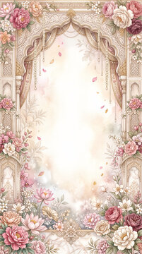 Indian wedding frame with ruby rose flowers and marble arches