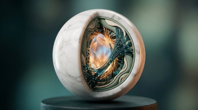 Futuristic 3D Marble Sphere with Glowing Energy Veins on a Minimalist Platform, Concept of Quantum Computing and Premium Innovation