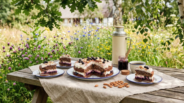 Brodtorte Danish Rye Bread Cake on Rustic Outdoor Picnic Table