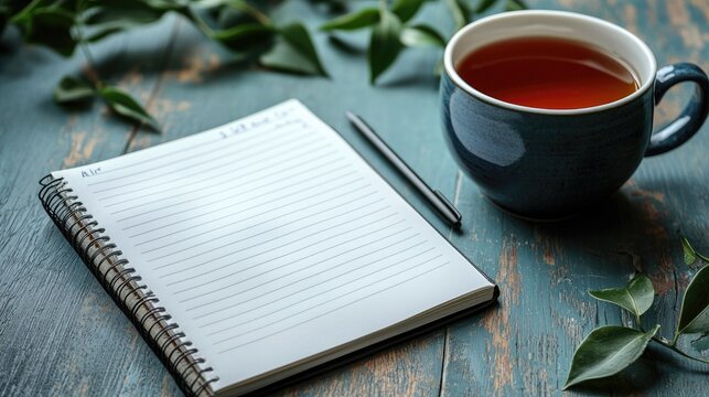 Open Notebook with Tea Cup and Pen on Rustic Blue Wooden Desk