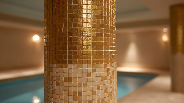 Abstract close-up of a luxurious golden mosaic tiled pillar with shimmering reflections, against a blurred background of an elegant indoor pool area
