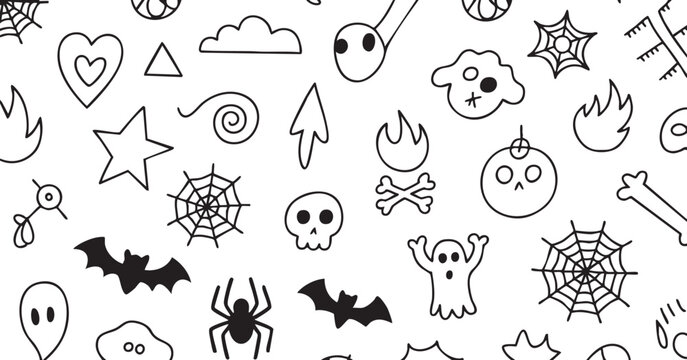 doodle skull ghost bat spider web icons vector seamless pattern