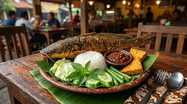 Traditional pecel lele, crispy fried catfish with sambal terasi, fresh vegetables, and rice. Popular Indonesian street food, affordable and flavorful comfort meal.