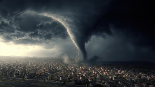 Tornado, twister, weather, natural disaster. A dramatic depiction of a tornado striking over a densely populated residential area. The sky is filled with dark, stormy clouds.