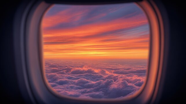 Travel trip journey. A vivid portrayal of a breathtaking sunset from an airplane window. The sky is a gradient of fiery oranges, pinks, and purples, with wispy clouds scattered across the horizon.